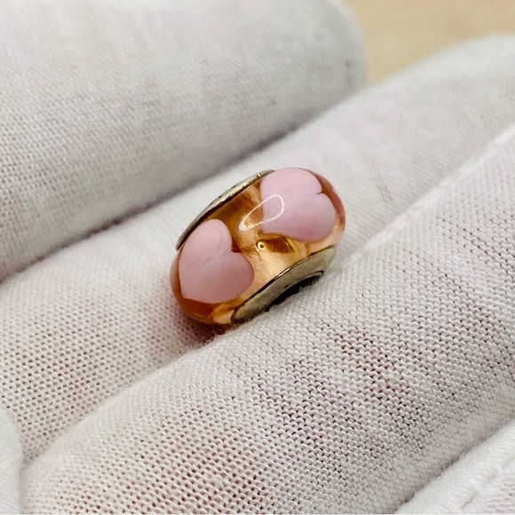 EUC Pandora 790660 Sterling Silver Rose Murano Glass Charm w/ Pink Hearts - Picture 3 of 8